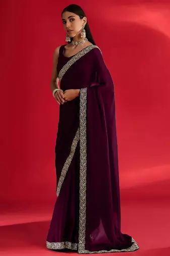 Wine rangoli silk embroidered lace work party wear saree
