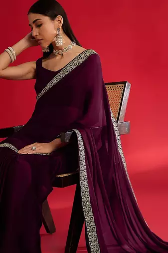 Wine rangoli silk embroidered lace work party wear saree