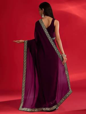 Wine rangoli silk embroidered lace work party wear saree 4