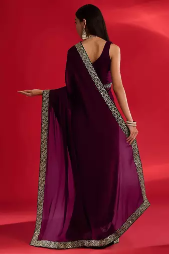 Wine rangoli silk embroidered lace work party wear saree