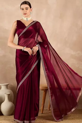 Deep maroon rangoli silk embroidered lace work party wear saree