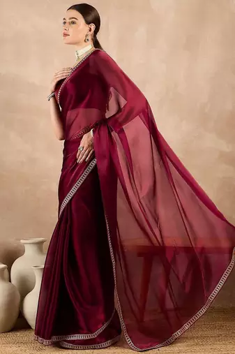 Deep maroon rangoli silk embroidered lace work party wear saree