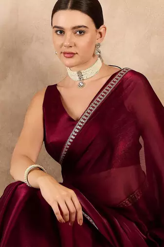 Deep maroon rangoli silk embroidered lace work party wear saree