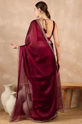 Deep maroon rangoli silk embroidered lace work party wear saree