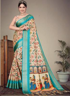Cream cotton silk digital print saree 1