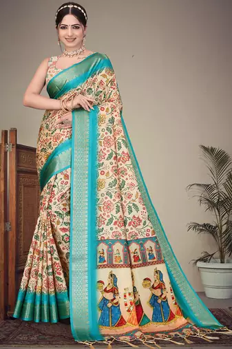 Cream cotton silk digital print designer saree
