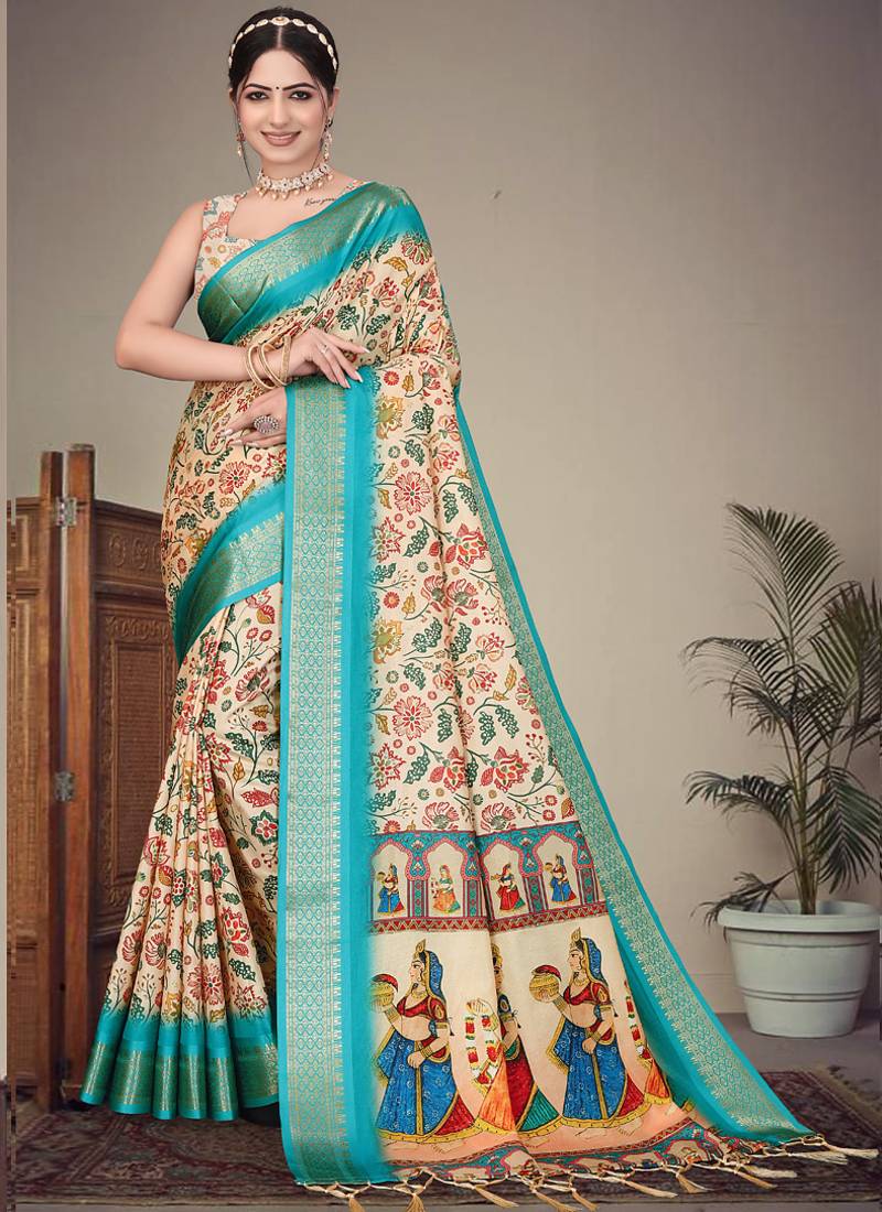 Cream cotton silk digital print designer saree