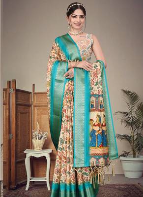 Cream cotton silk digital print saree 2