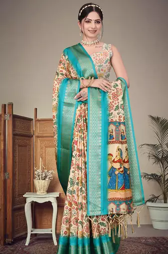 Cream cotton silk digital print saree