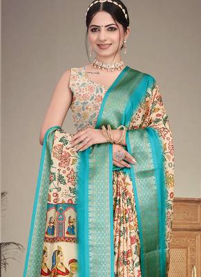Cream cotton silk digital print saree 3