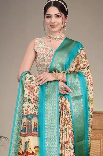 Cream cotton silk digital print saree