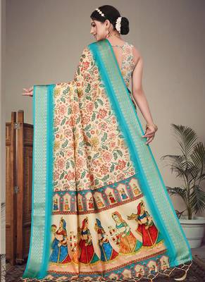 Cream cotton silk digital print saree 4