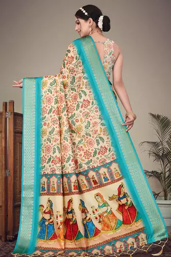 Cream cotton silk digital print saree