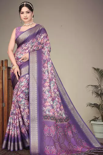 Lavender cotton silk digital print designer saree