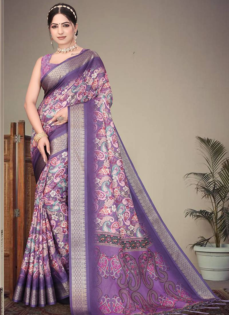 Lavender cotton silk digital print designer saree