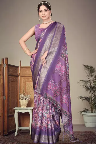 Lavender cotton silk digital print saree