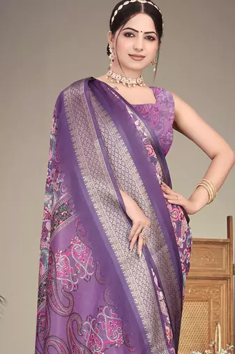 Lavender cotton silk digital print saree