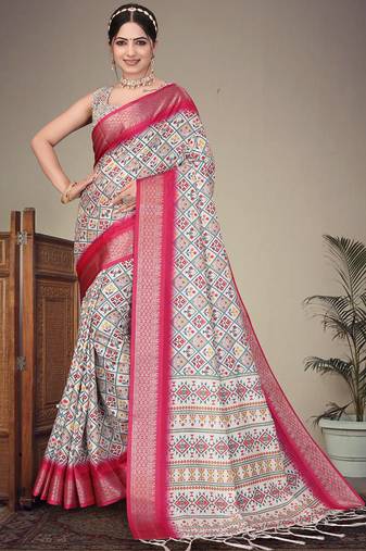 Off white cotton silk digital print saree