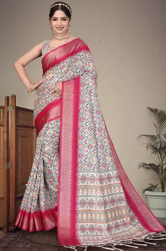 Off white cotton silk digital print designer saree