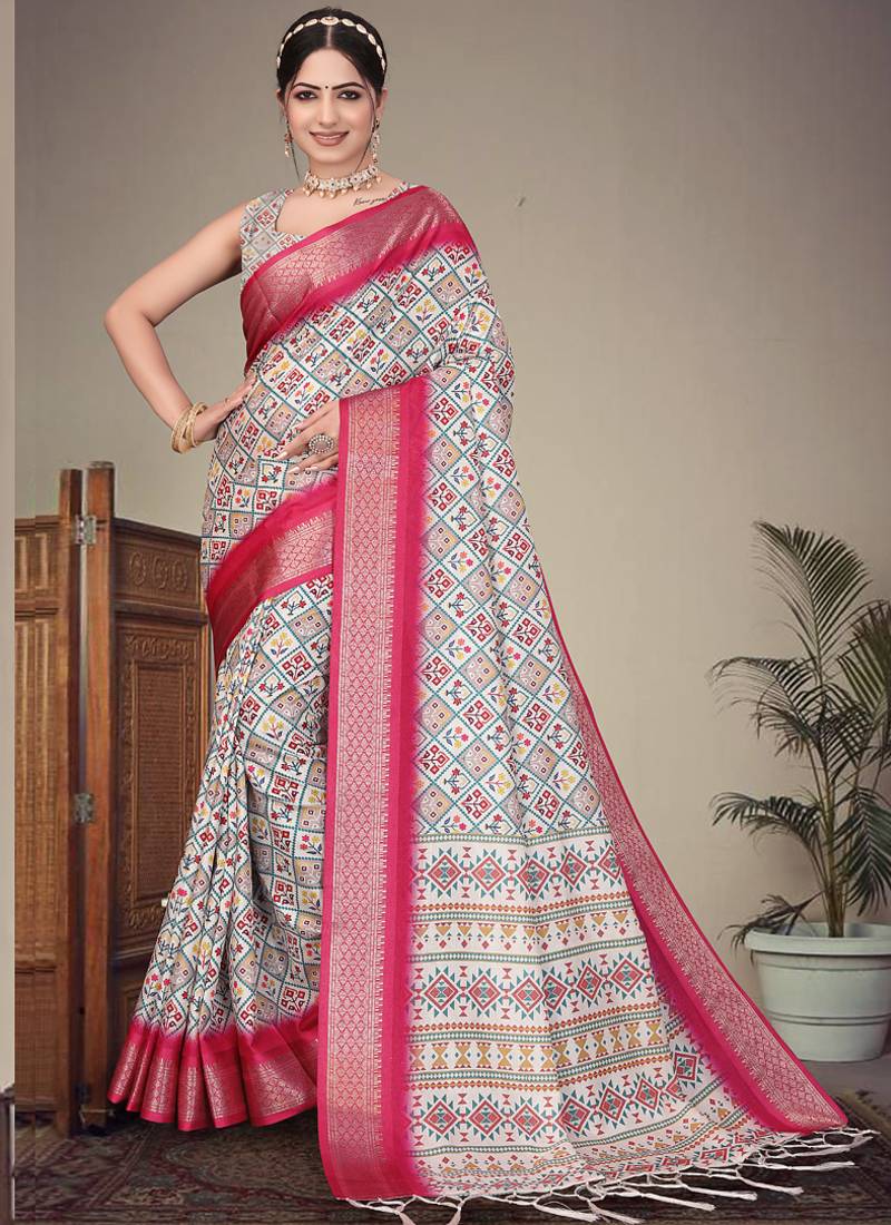 Off white cotton silk digital print designer saree
