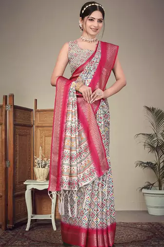 Off white cotton silk digital print saree