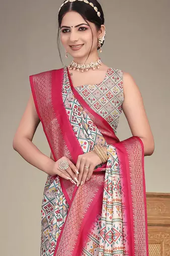 Off white cotton silk digital print saree