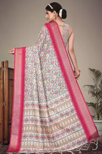 Off white cotton silk digital print saree
