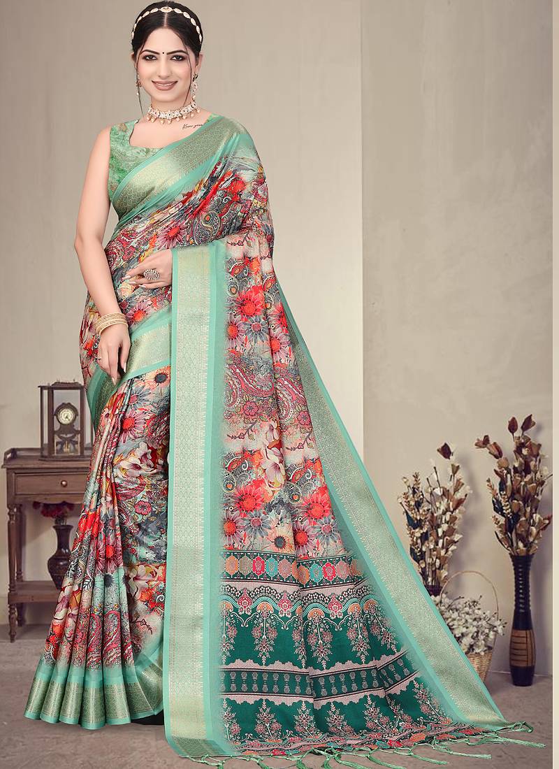Multicolor cotton silk digital print designer saree