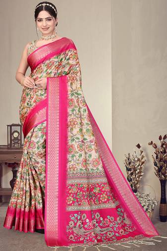 Cream and pink cotton silk digital print saree
