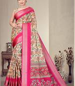 Cream and pink cotton silk digital print designer saree