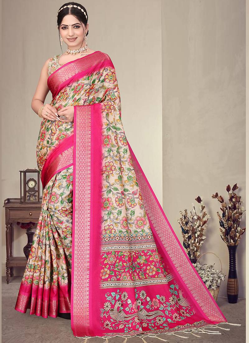 Cream and pink cotton silk digital print designer saree
