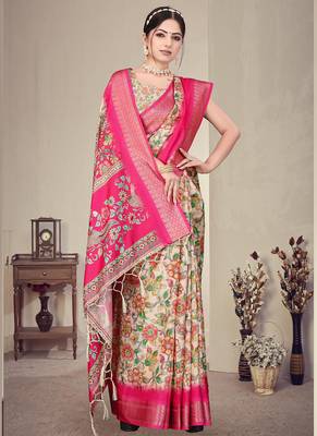 Cream and pink cotton silk digital print saree 2