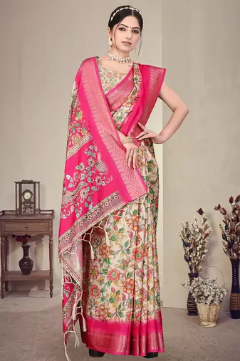 Cream and pink cotton silk digital print saree