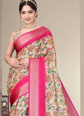 Cream and pink cotton silk digital print saree 3
