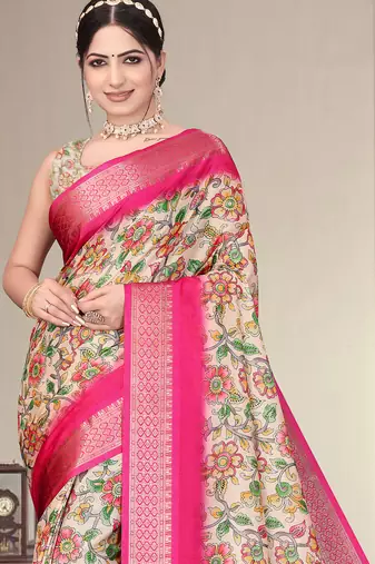 Cream and pink cotton silk digital print saree