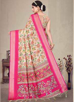 Cream and pink cotton silk digital print saree 4