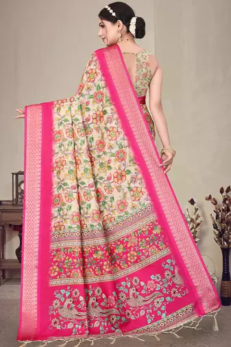 Cream and pink cotton silk digital print saree
