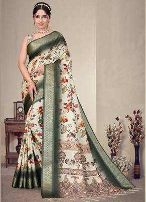 Cream and green cotton silk digital print saree 1