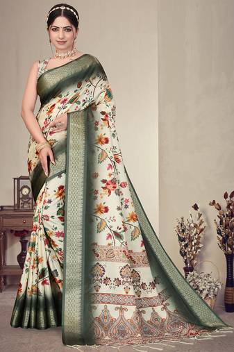 Cream and green cotton silk digital print saree