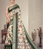 Cream and green cotton silk digital print designer saree