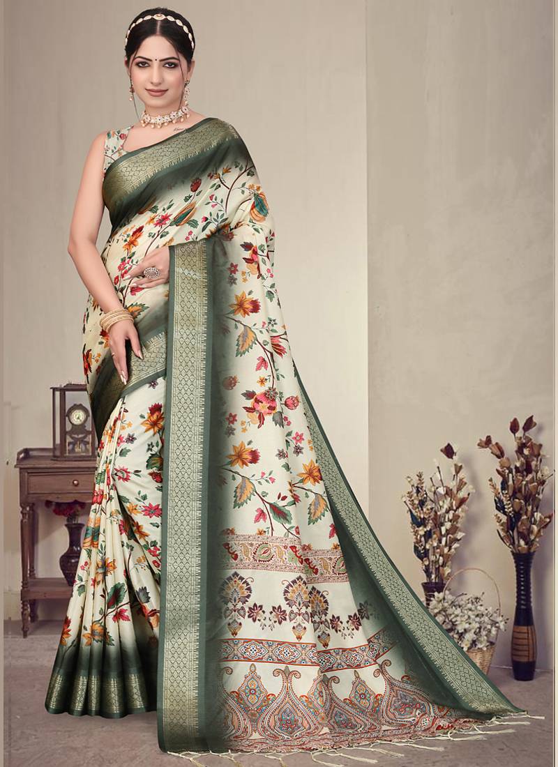 Cream and green cotton silk digital print designer saree