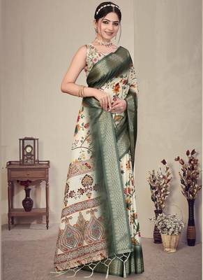 Cream and green cotton silk digital print saree 2