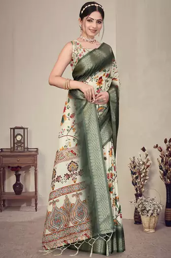 Cream and green cotton silk digital print saree