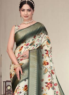 Cream and green cotton silk digital print saree 3