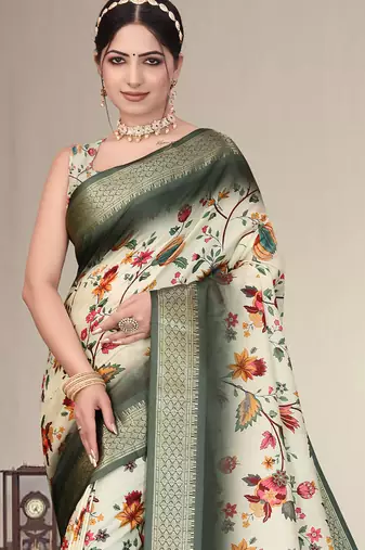 Cream and green cotton silk digital print saree