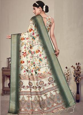 Cream and green cotton silk digital print saree 4