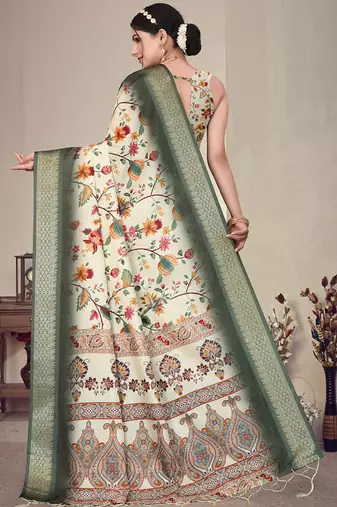 Cream and green cotton silk digital print saree