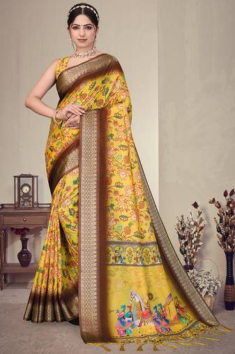 Yellow cotton silk digital print saree
