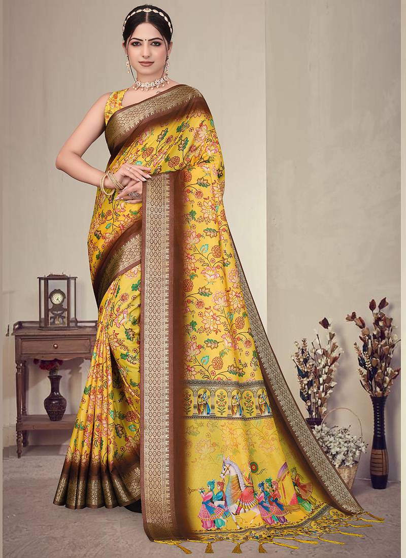Yellow cotton silk digital print designer saree