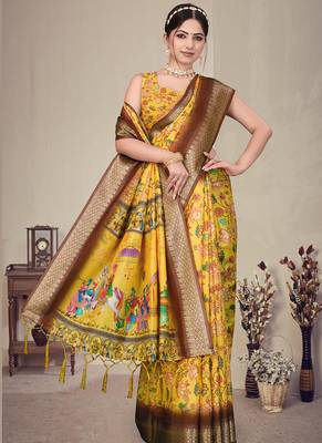 Yellow cotton silk digital print saree 2